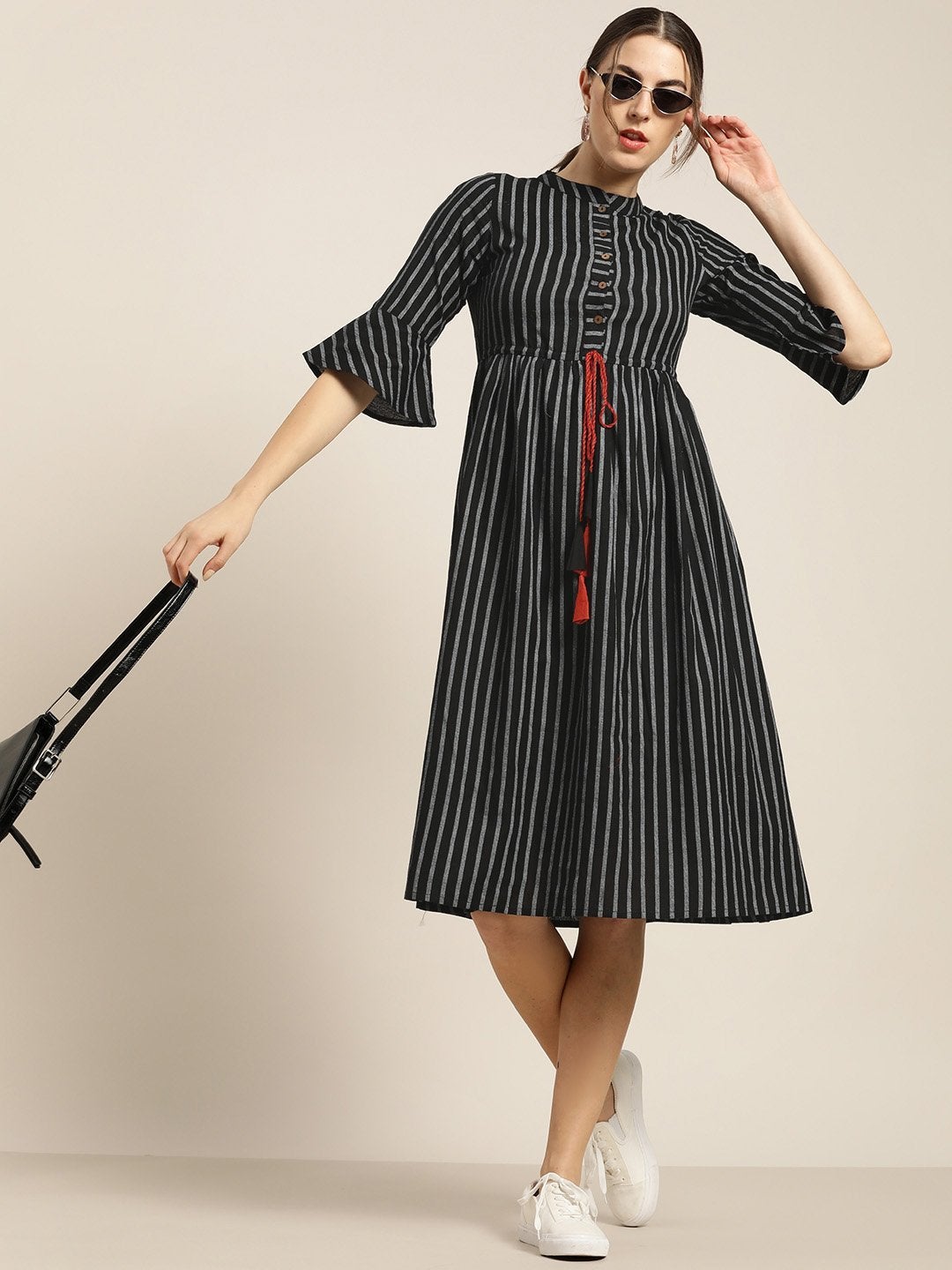 Women's Black Stripes Drawstring Dress