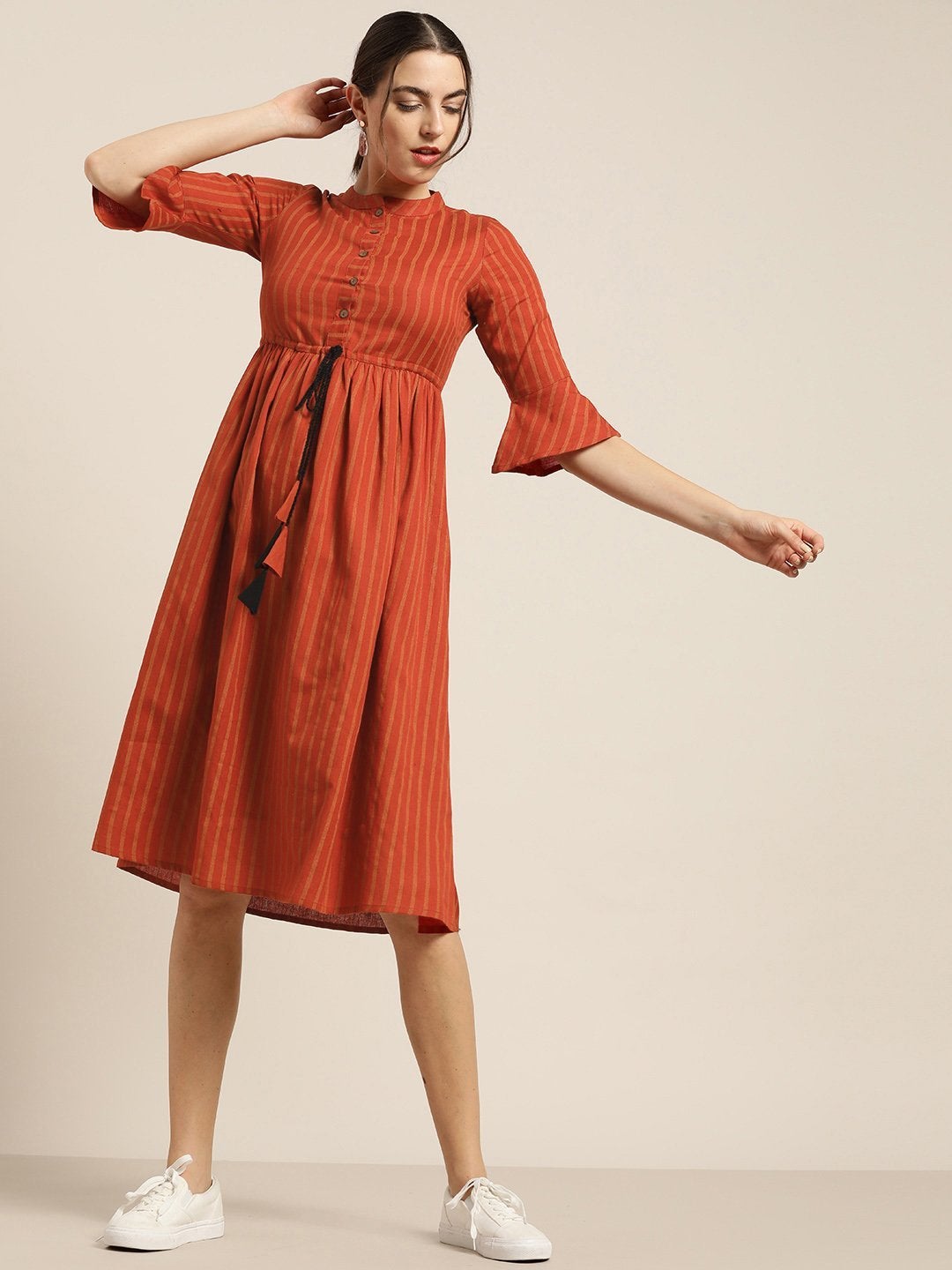 Women's Rust Stripes Drawstring Dress - SHAE