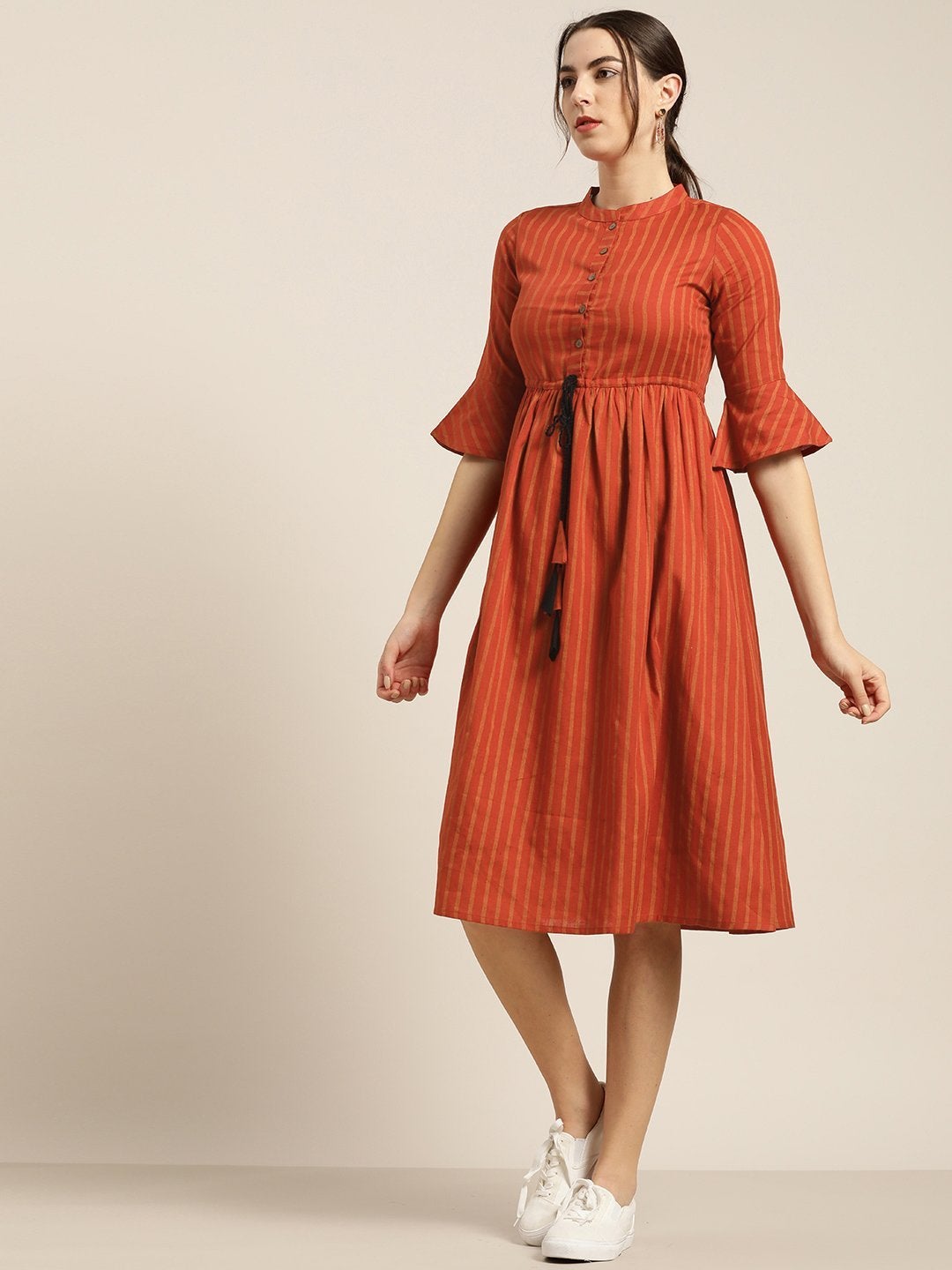 Women's Rust Stripes Drawstring Dress - SHAE