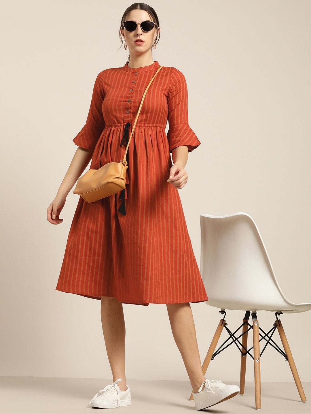Women's Rust Stripes Drawstring Dress - SHAE