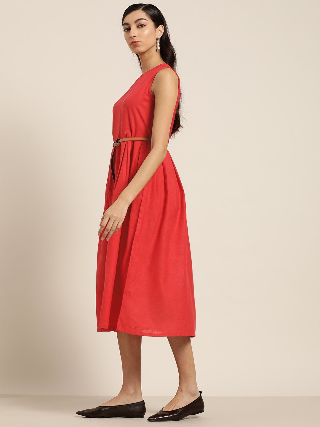 Women's Red Sleeveless Box Pleat Midi Dress - SHAE