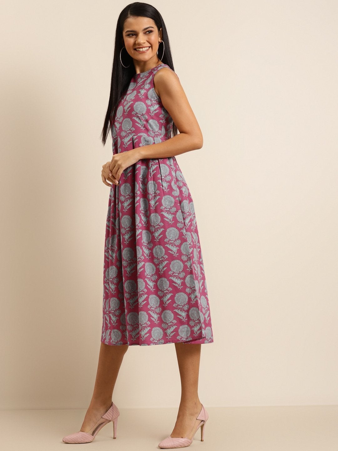 Women's Pink Floral Sleeveless Box Pleat Midi Dress - SHAE