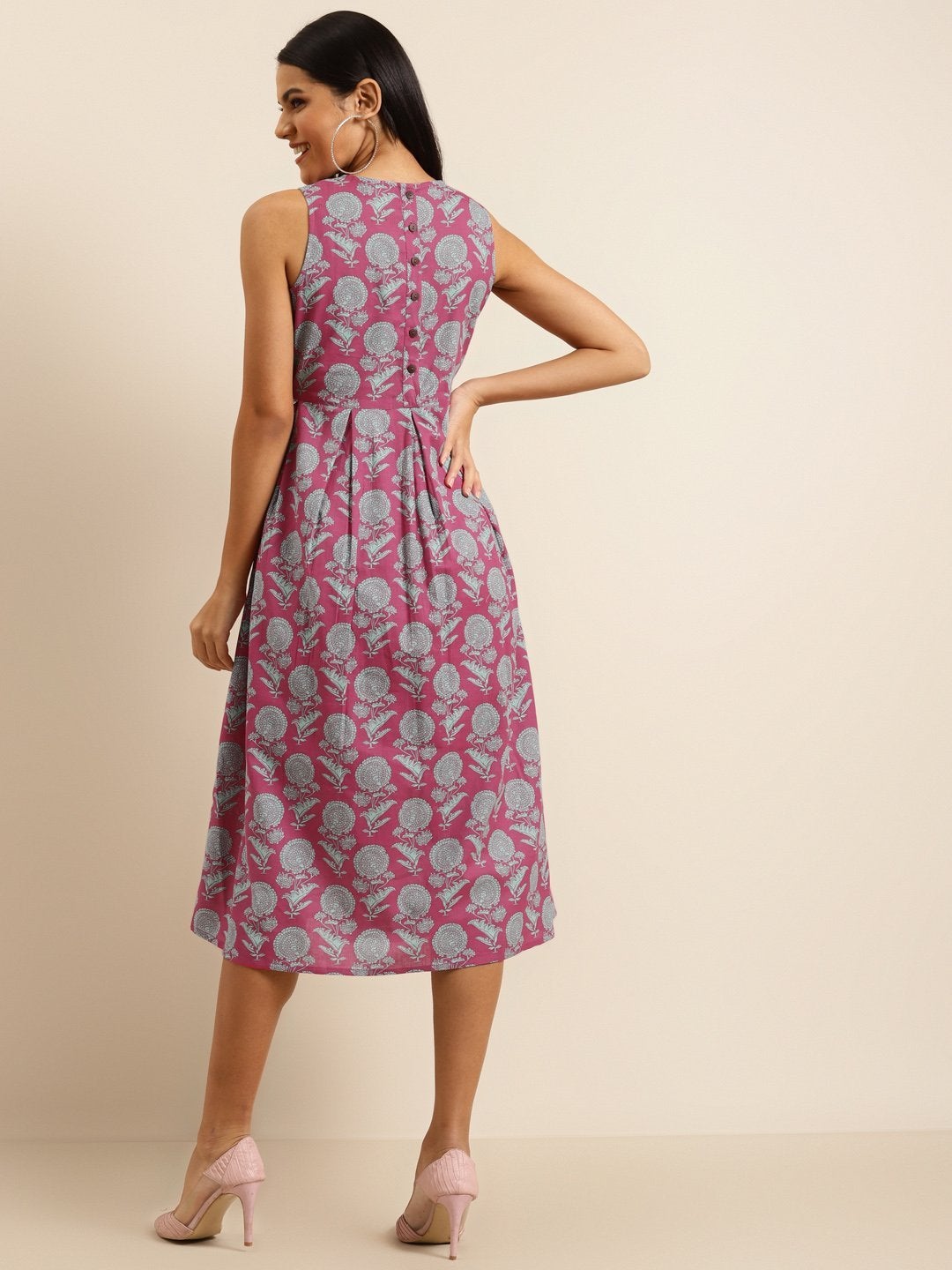 Women's Pink Floral Sleeveless Box Pleat Midi Dress - SHAE