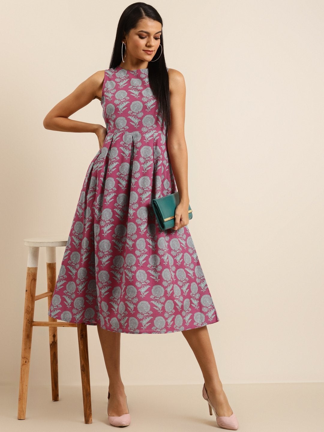 Women's Pink Floral Sleeveless Box Pleat Midi Dress - SHAE