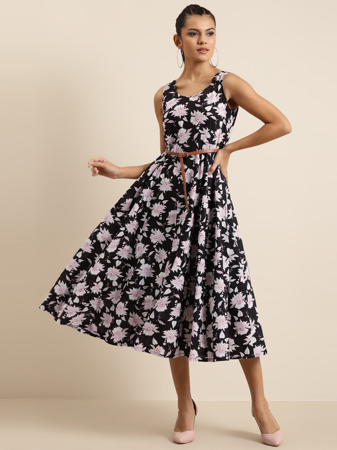 Women's Black Floral Sleeveless Anarkali Dress