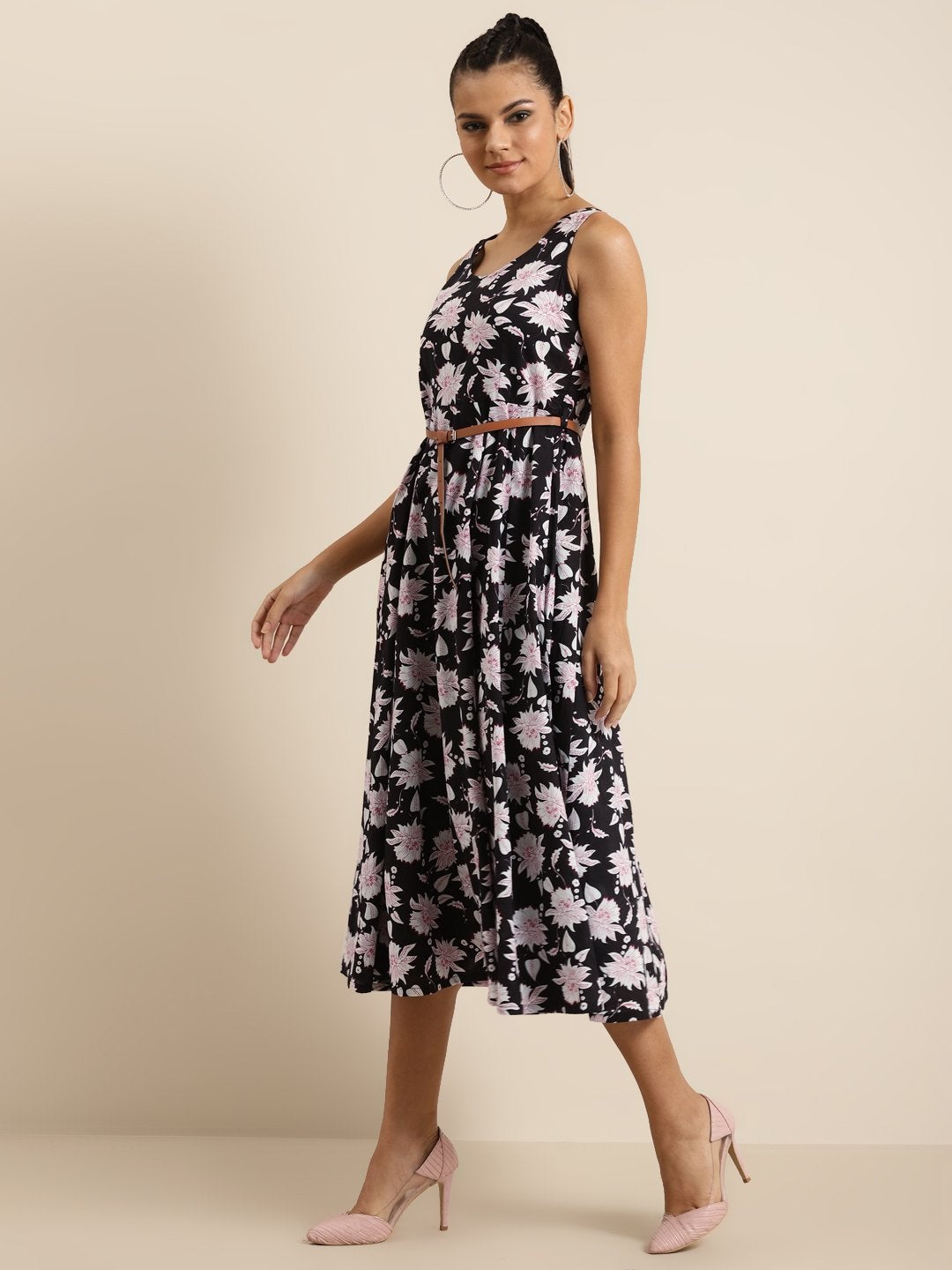 Women's Black Floral Sleeveless Anarkali Dress