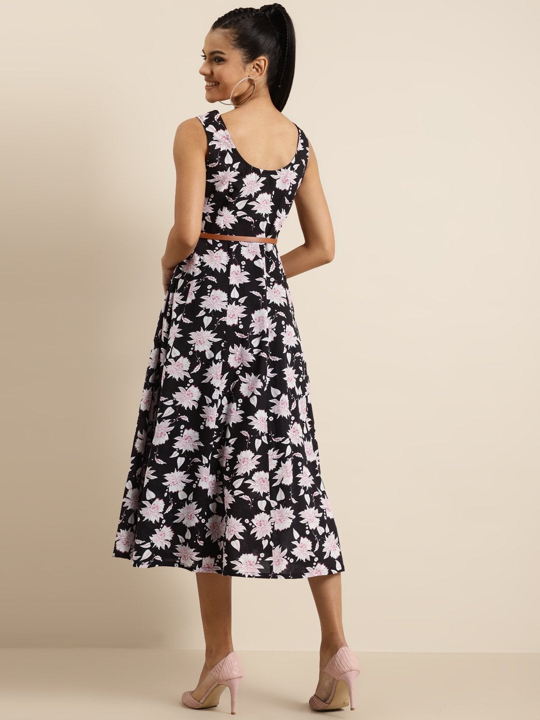 Women's Black Floral Sleeveless Anarkali Dress