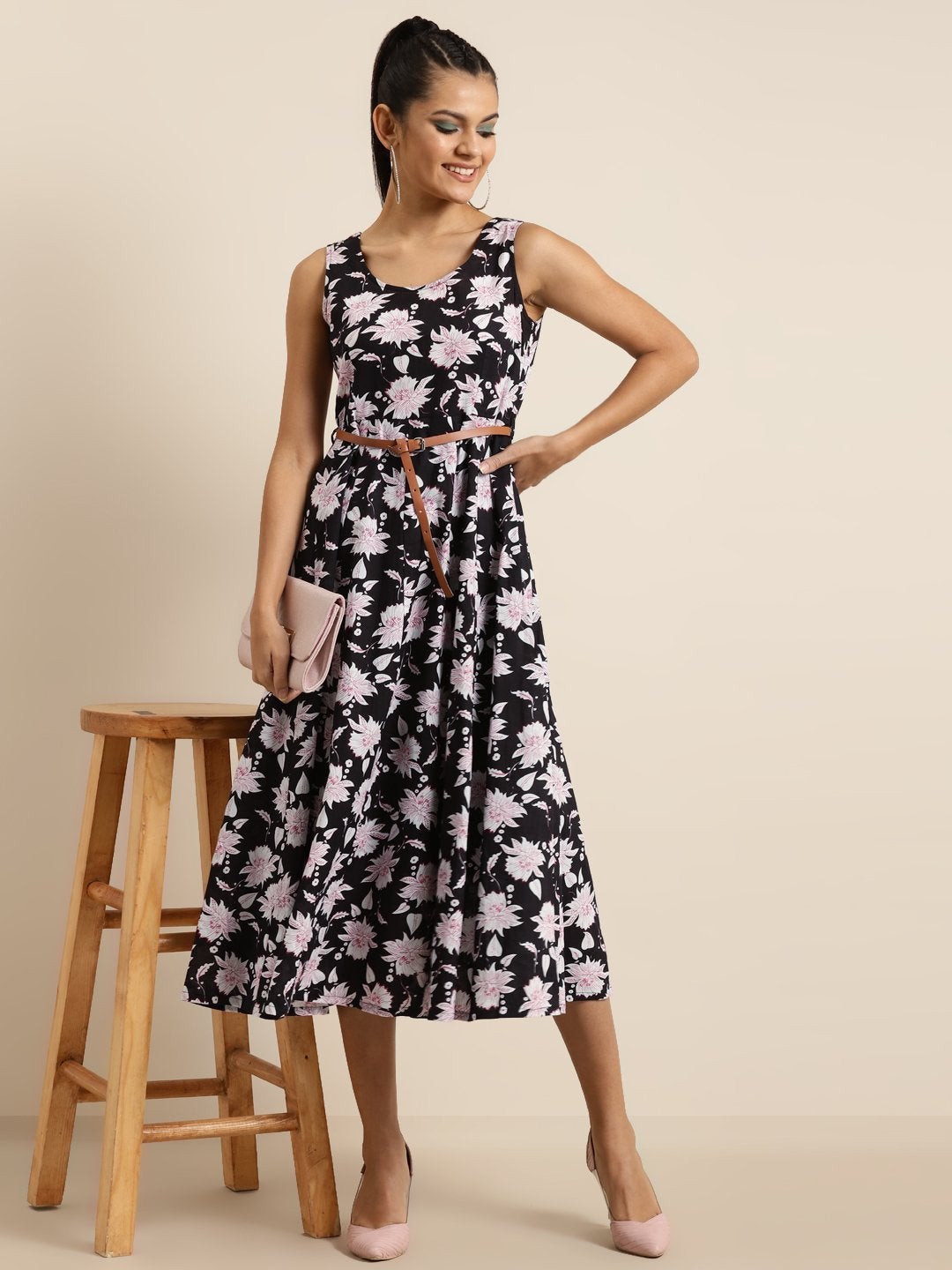 Women's Black Floral Sleeveless Anarkali Dress