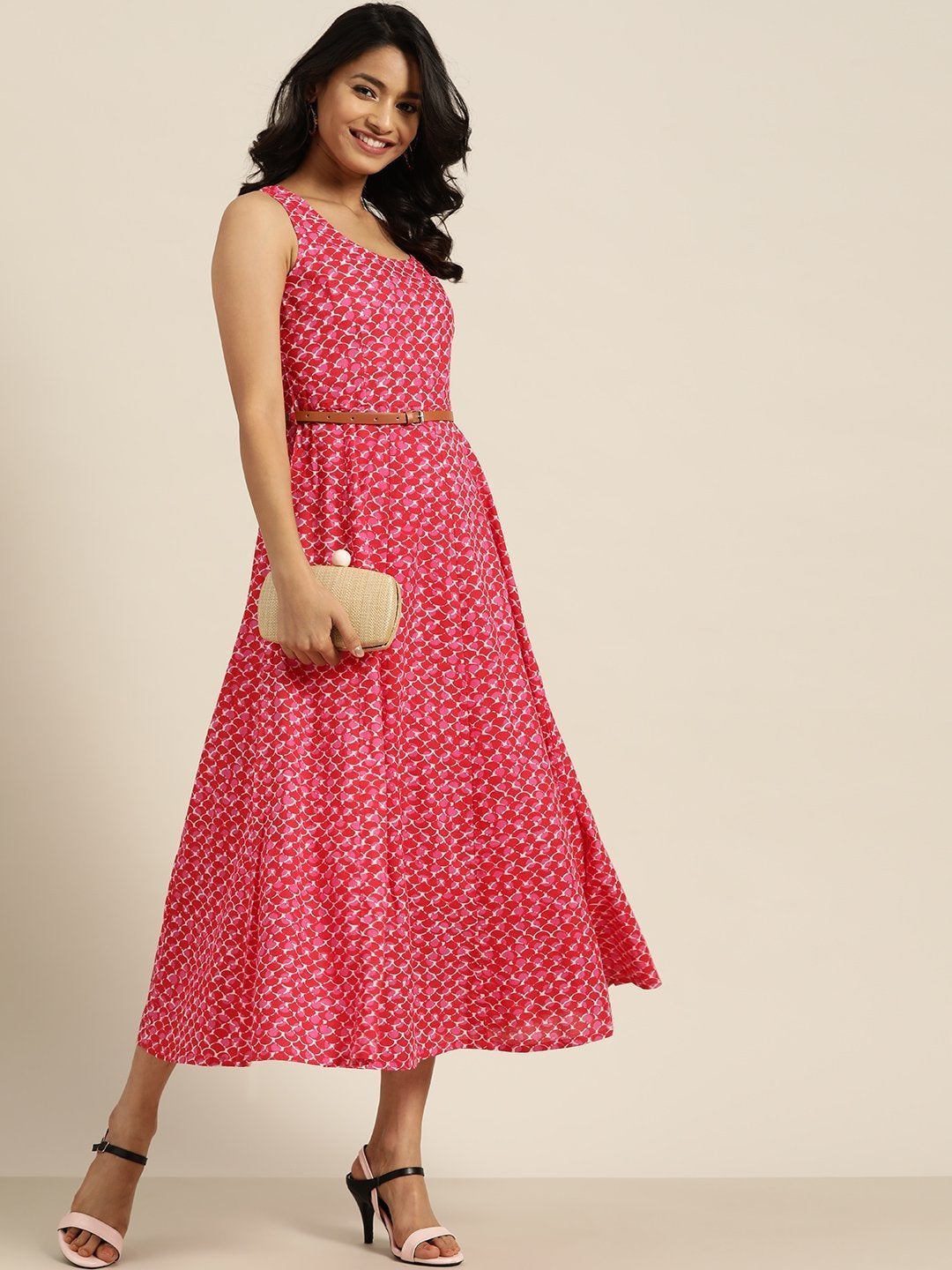 Women's Pink Scallop Print Sleeveless Anarkali Dress - SHAE