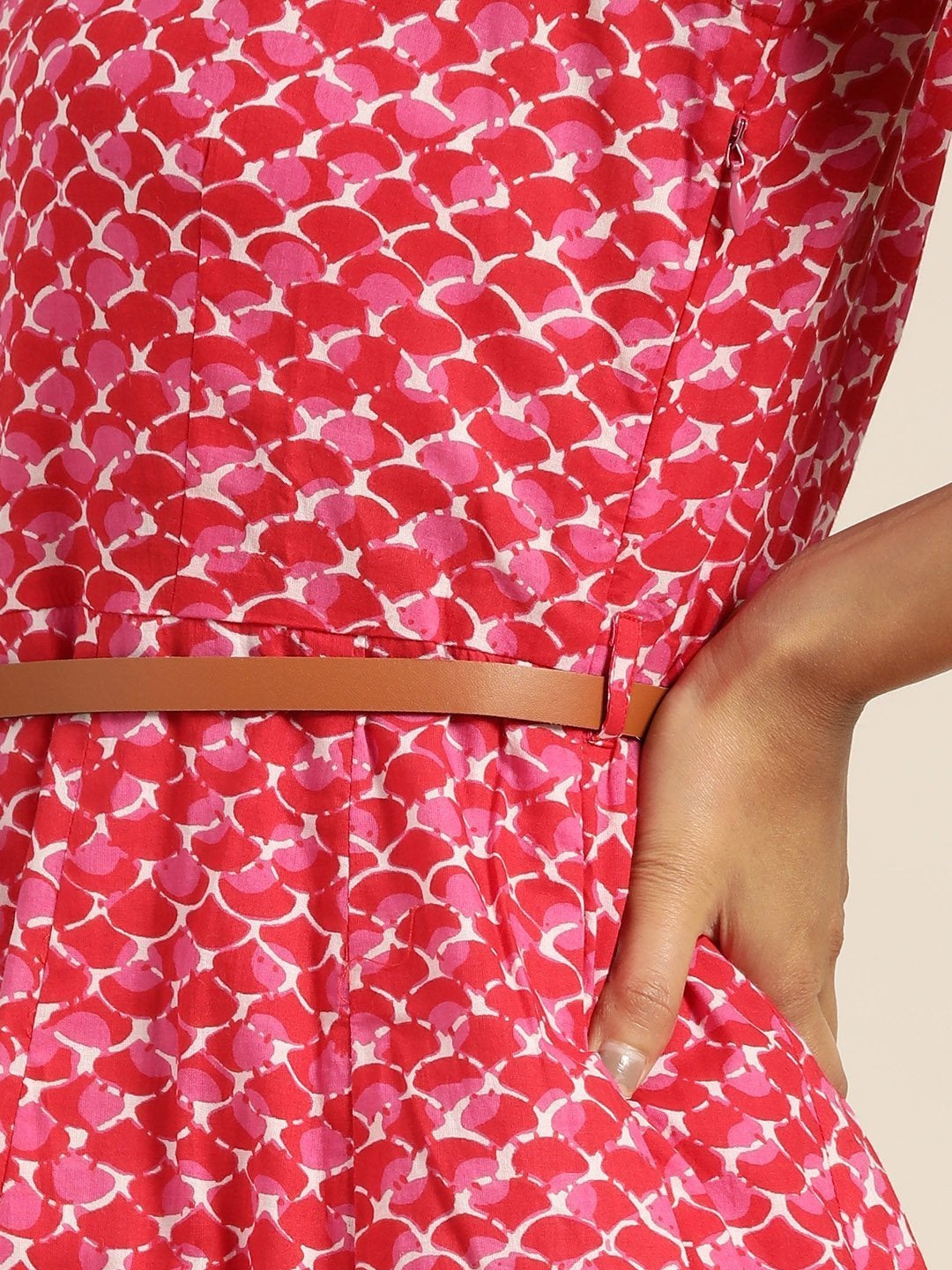 Women's Pink Scallop Print Sleeveless Anarkali Dress - SHAE