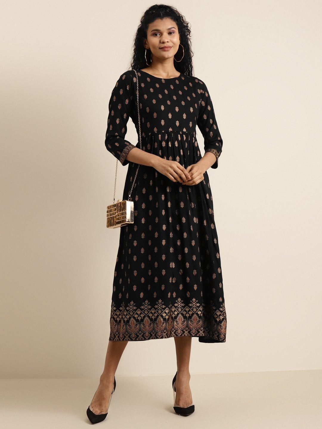 Women's Black Booti Floral Border Print Gathered Dress - SHAE