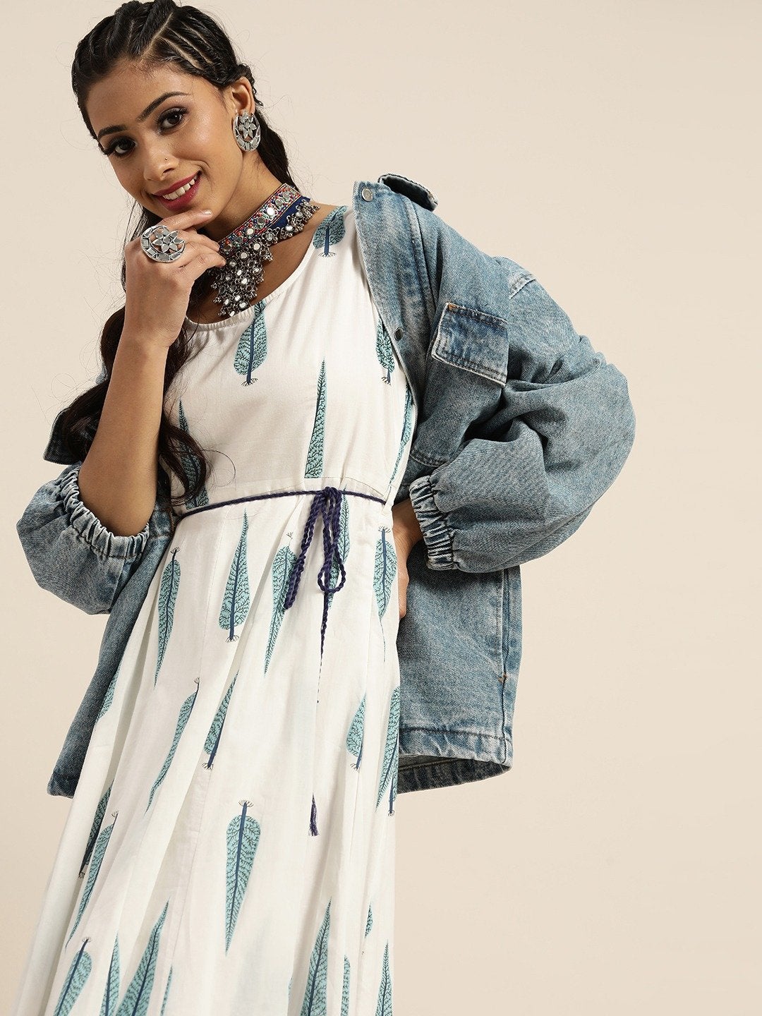 Women's Navy Leaf Print Sleeveless Anarkali Dress - SHAE