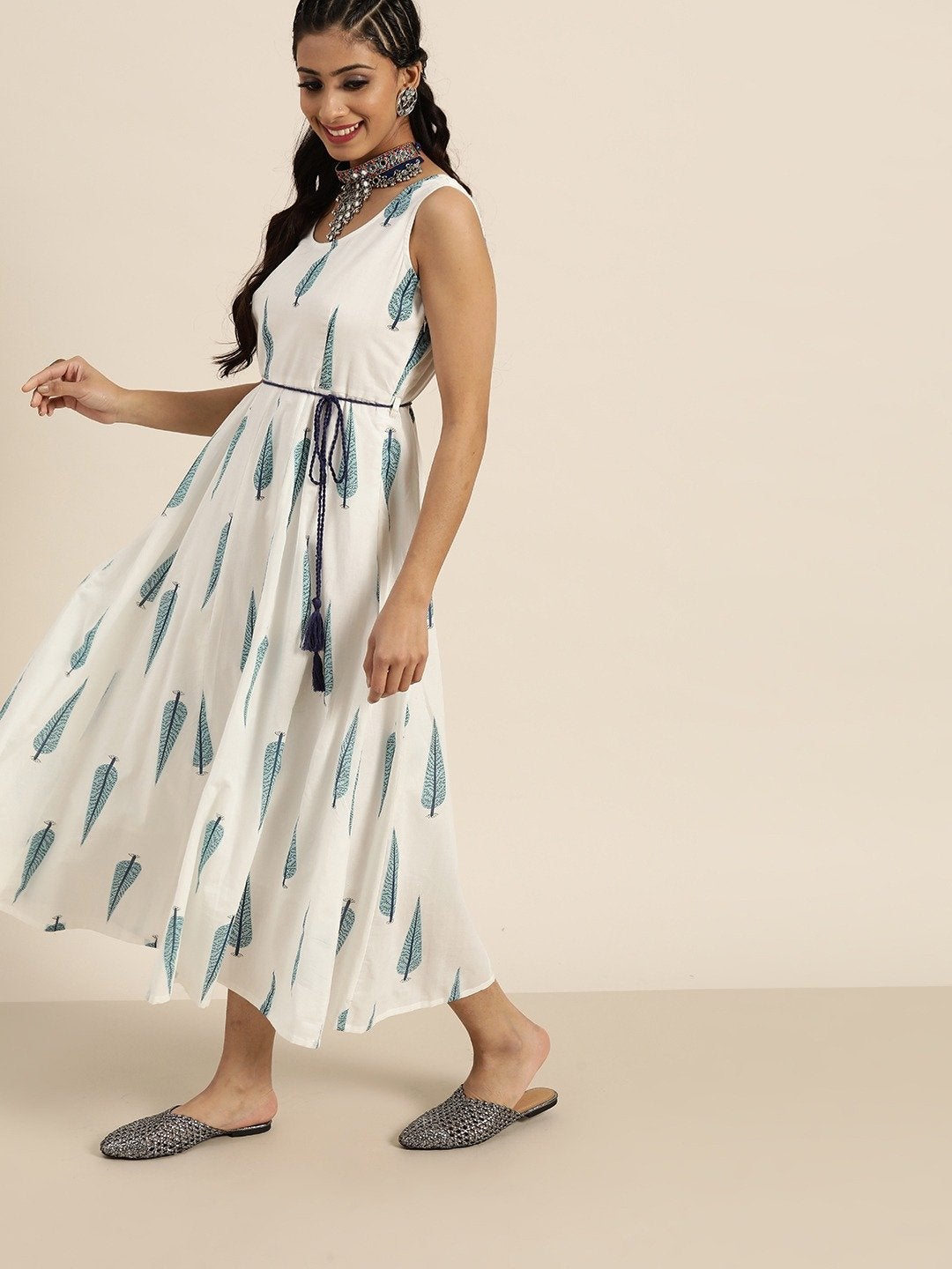 Women's Navy Leaf Print Sleeveless Anarkali Dress - SHAE