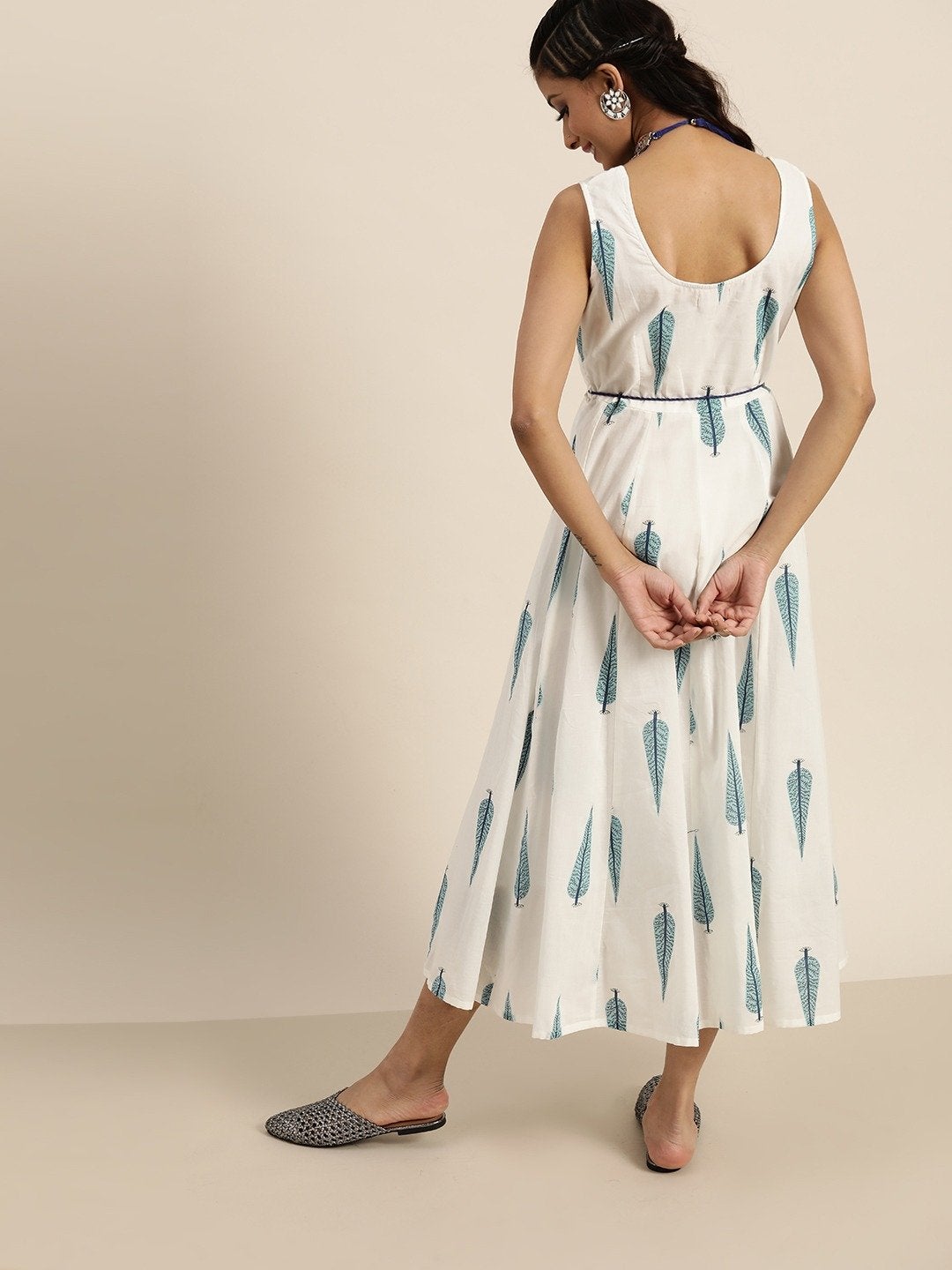 Women's Navy Leaf Print Sleeveless Anarkali Dress - SHAE