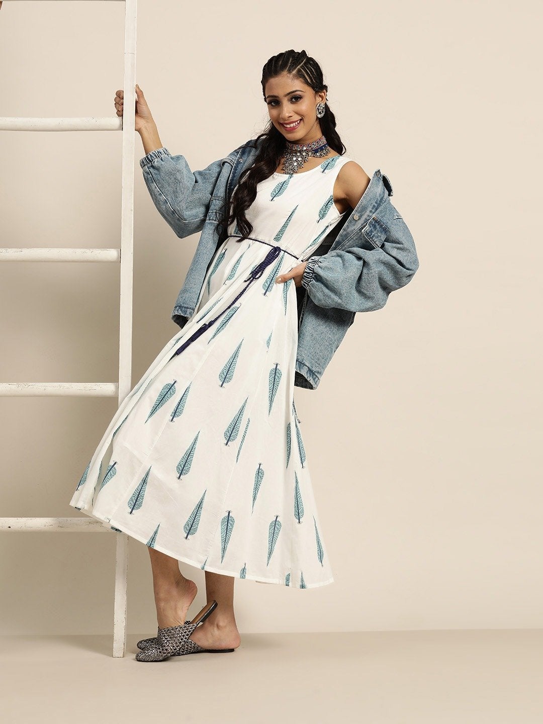 Women's Navy Leaf Print Sleeveless Anarkali Dress - SHAE