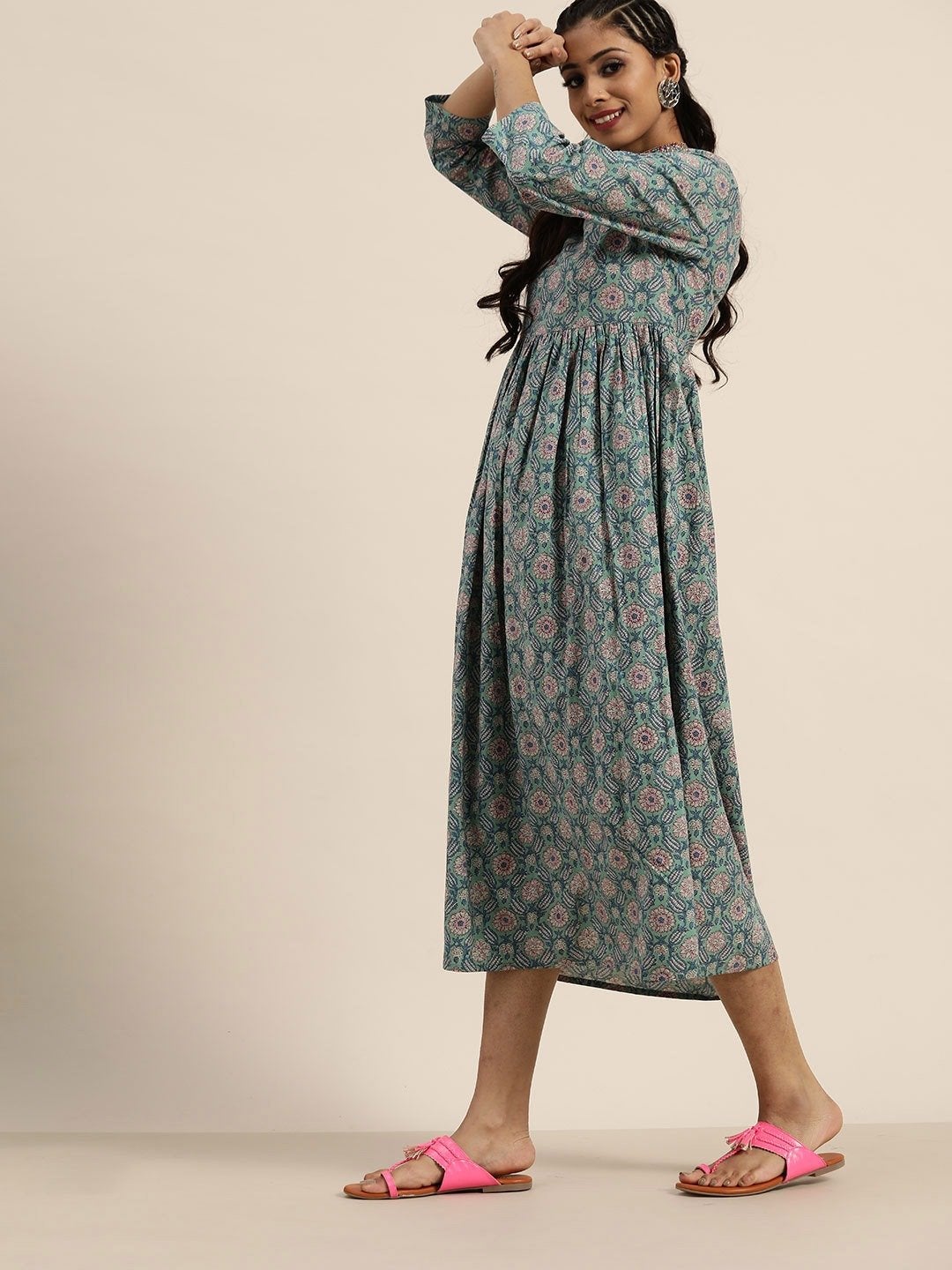 Women's Sea Green Floral Gathered Dress - SHAE