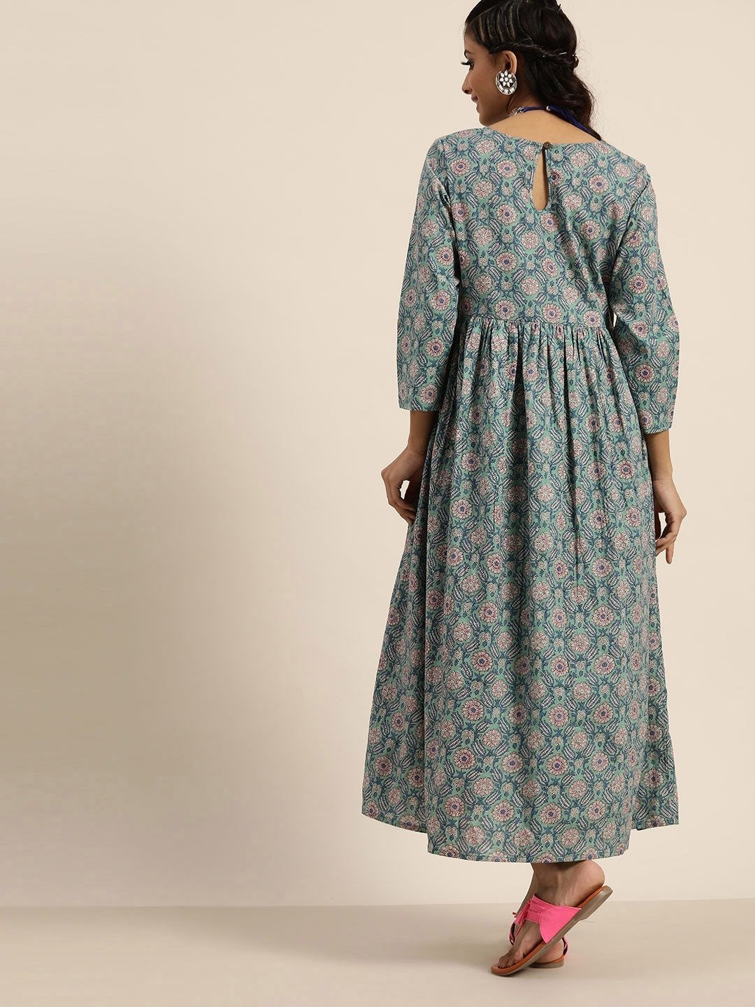 Women's Sea Green Floral Gathered Dress - SHAE