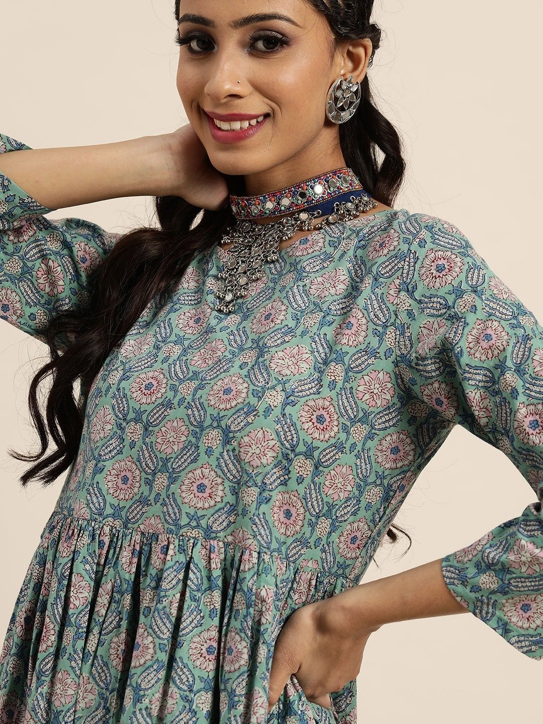 Women's Sea Green Floral Gathered Dress - SHAE