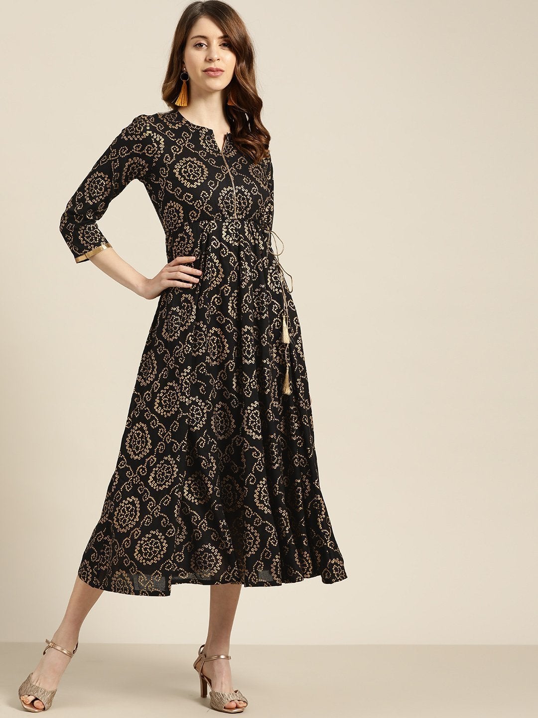 Women's Black Foil Bandhej Print Anarkali Dress