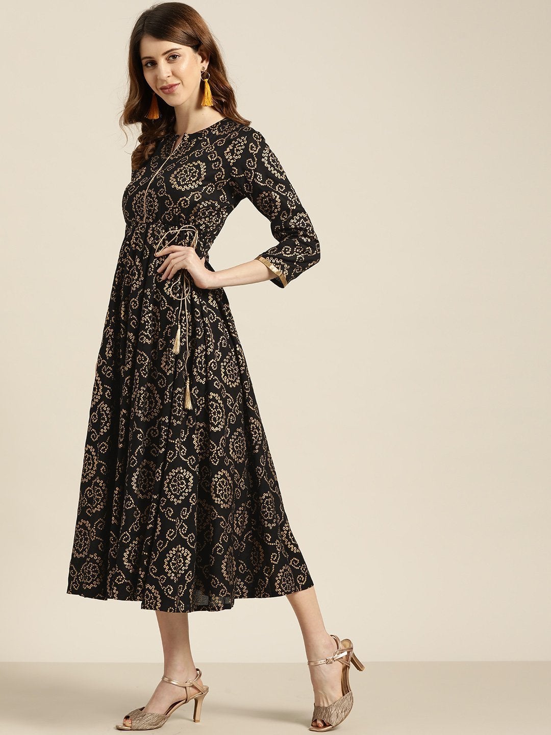 Women's Black Foil Bandhej Print Anarkali Dress
