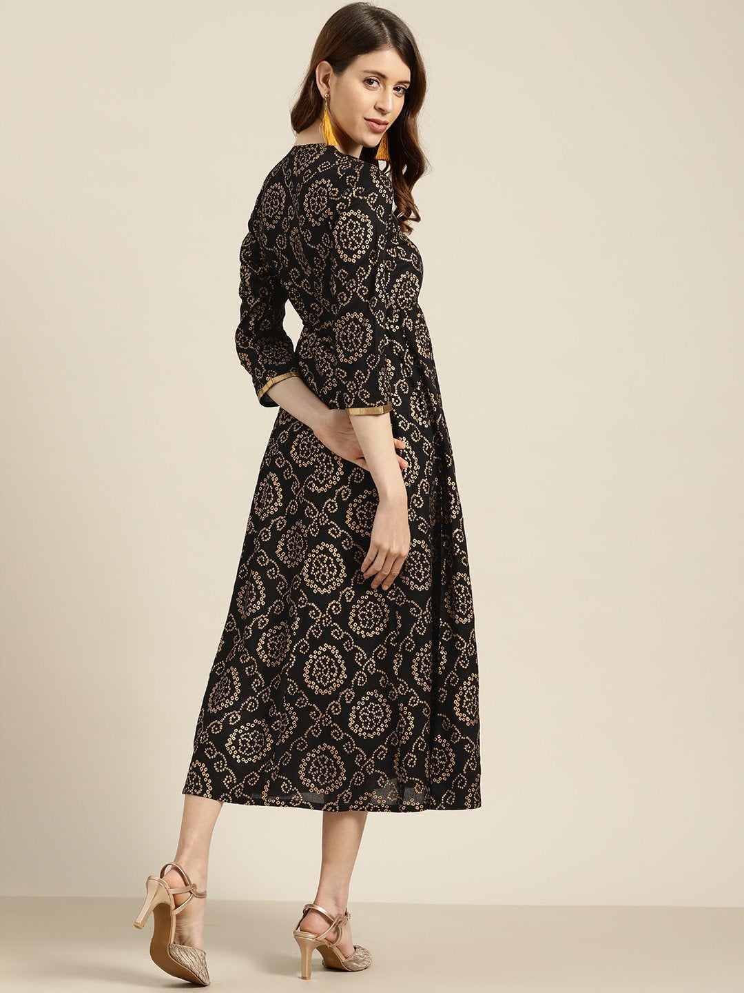 Women's Black Foil Bandhej Print Anarkali Dress