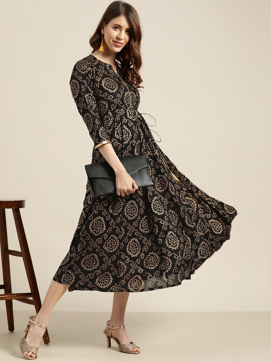 Women's Black Foil Bandhej Print Anarkali Dress