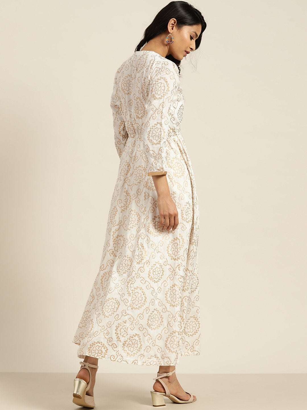 Women's White Foil Bandhej Print Anarkali Dress