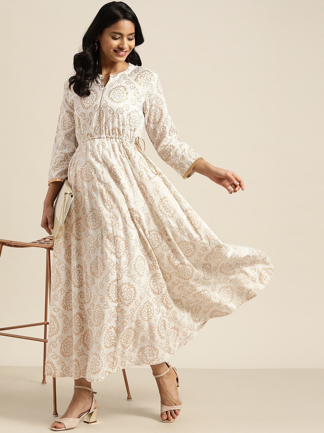Women's White Foil Bandhej Print Anarkali Dress