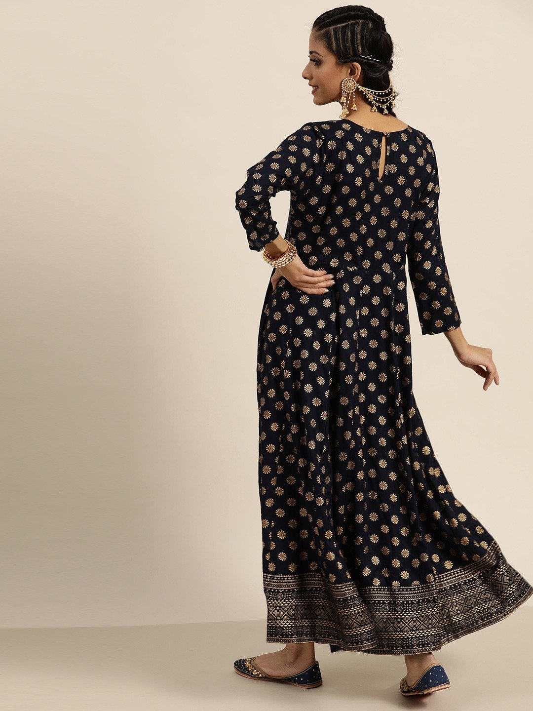 Women's Navy Foil Print Anarkali Maxi Dress