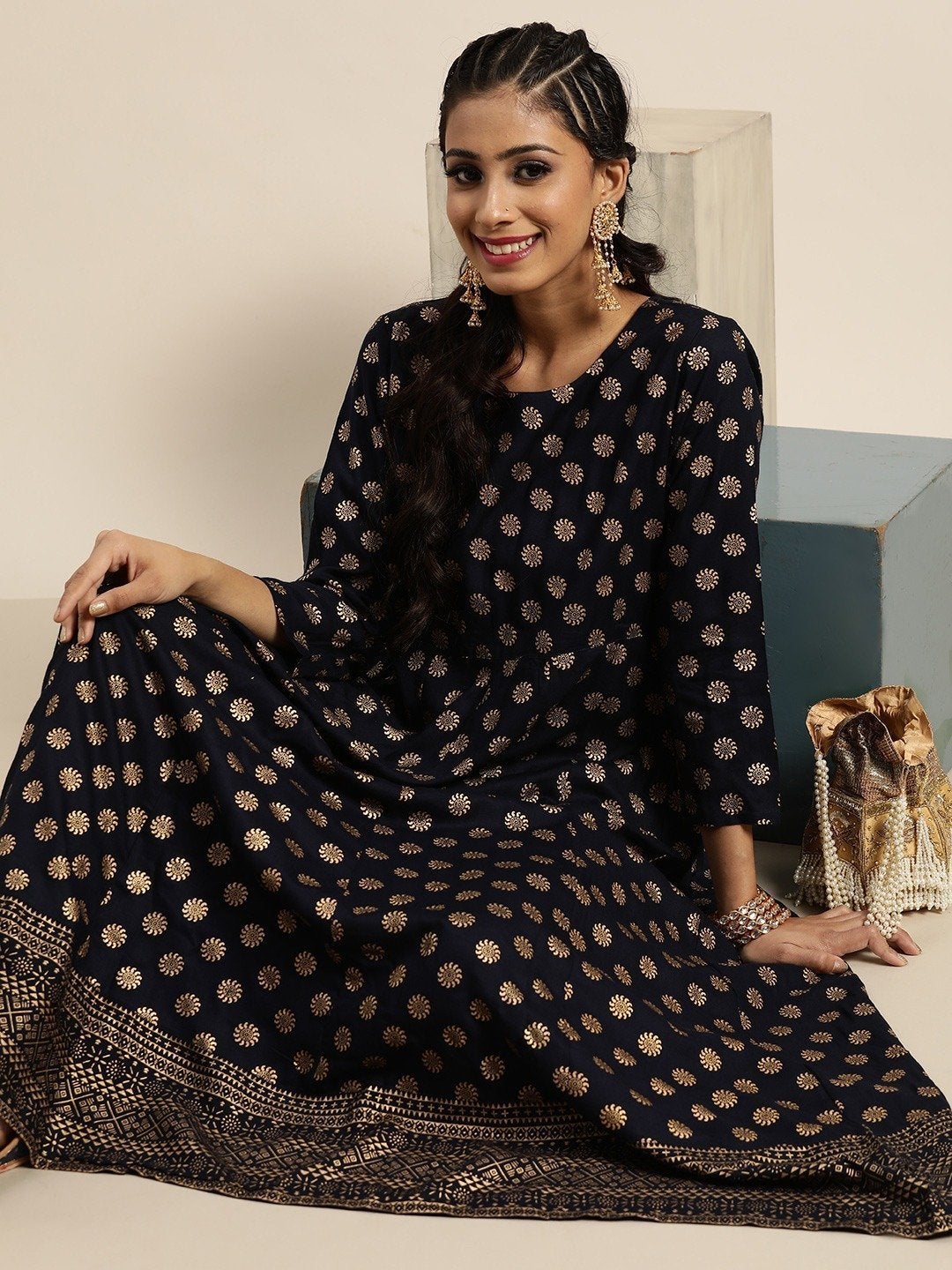 Women's Navy Foil Print Anarkali Maxi Dress