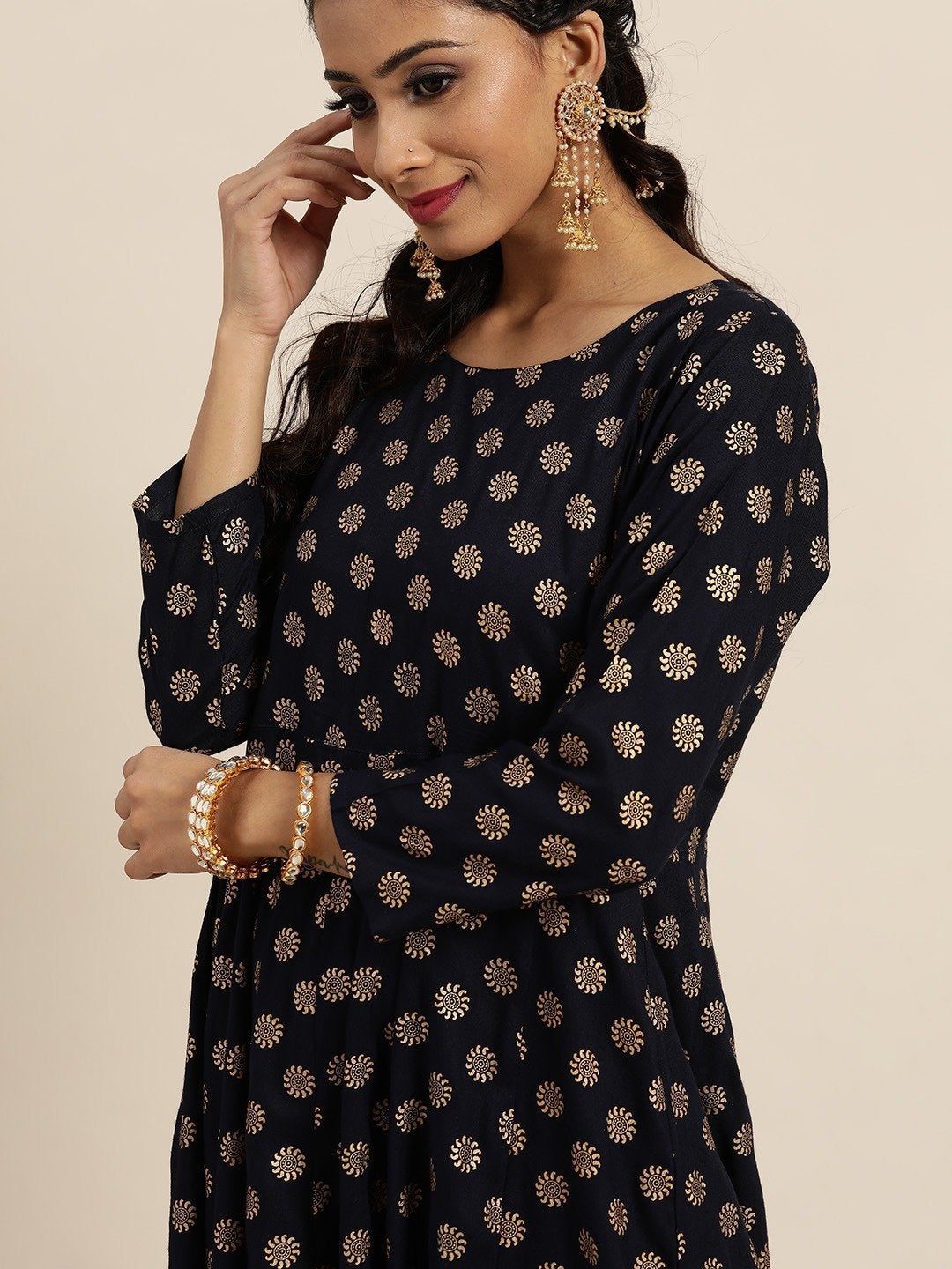 Women's Navy Foil Print Anarkali Maxi Dress