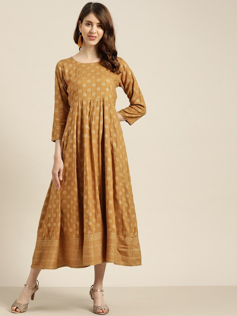 Women's Mustard Foil Print Anarkali Maxi Dress