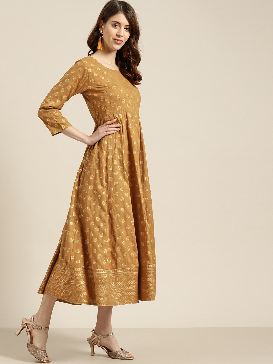Women's Mustard Foil Print Anarkali Maxi Dress - SHAE