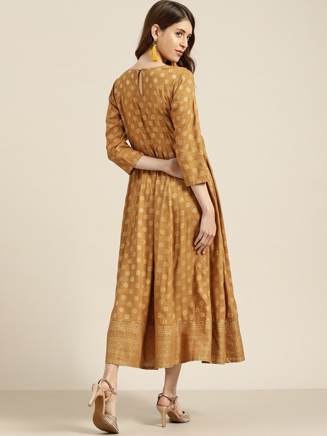 Women's Mustard Foil Print Anarkali Maxi Dress - SHAE
