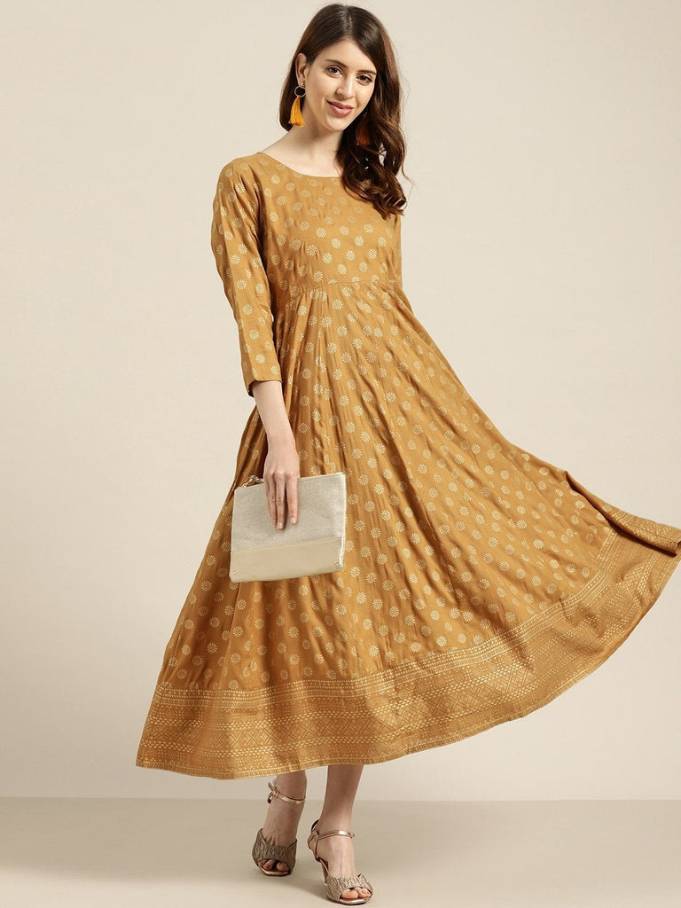 Women's Mustard Foil Print Anarkali Maxi Dress
