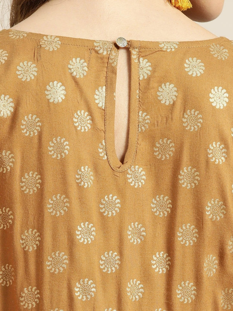 Women's Mustard Foil Print Anarkali Maxi Dress