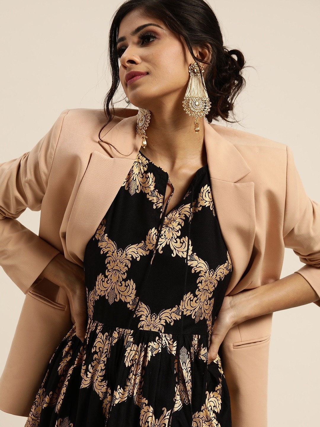 Women's Black Foil Motif Print Bishop Sleeve Dress