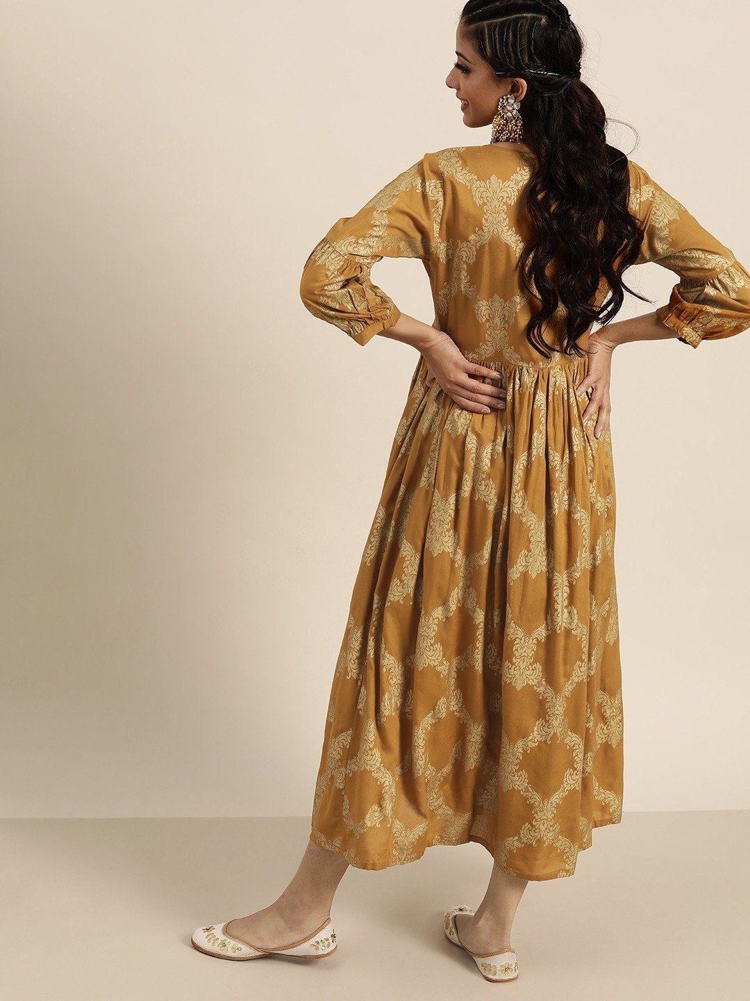 Women's Mustard Foil Motif Print Bishop Sleeve Dress - SHAE