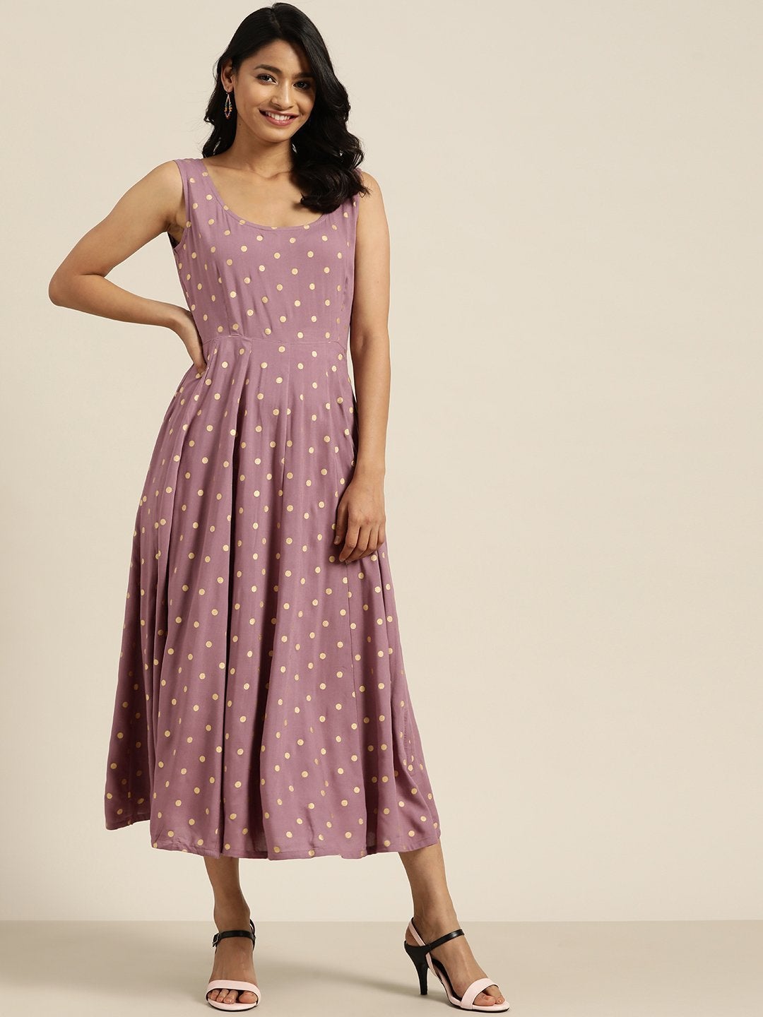 Women's Lavender Foil Print Sleeveless Anarkali Dress