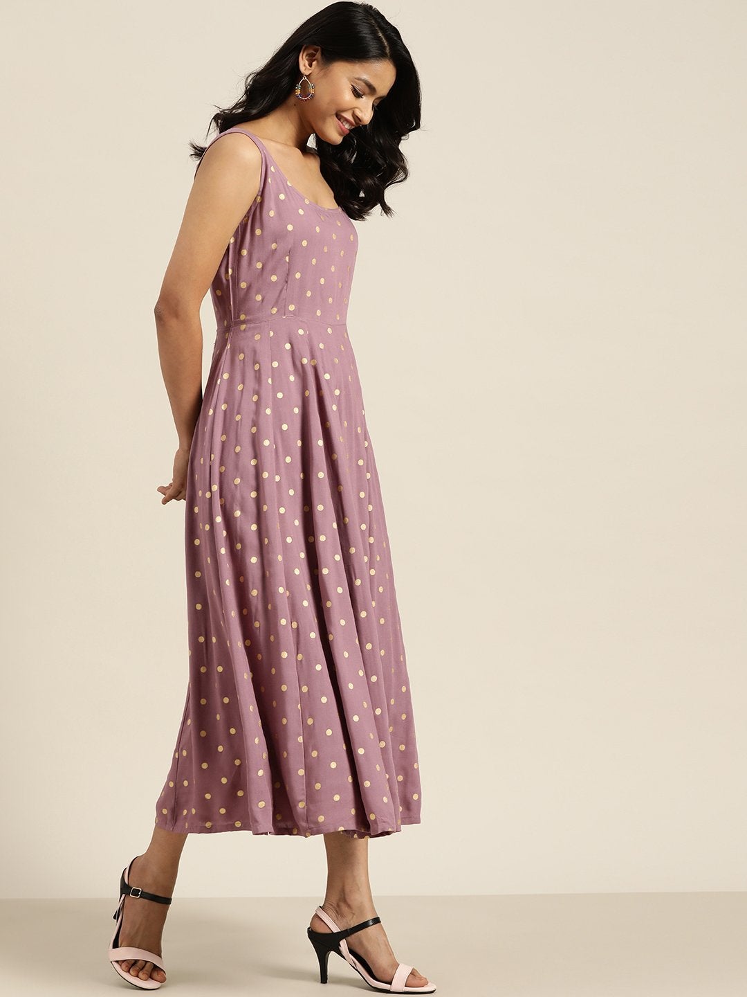 Women's Lavender Foil Print Sleeveless Anarkali Dress