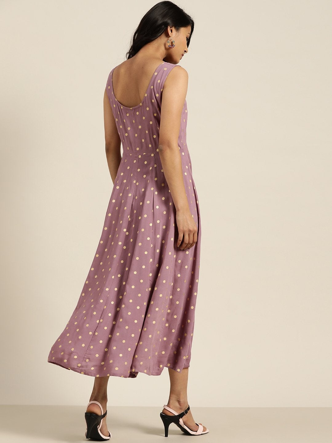 Women's Lavender Foil Print Sleeveless Anarkali Dress
