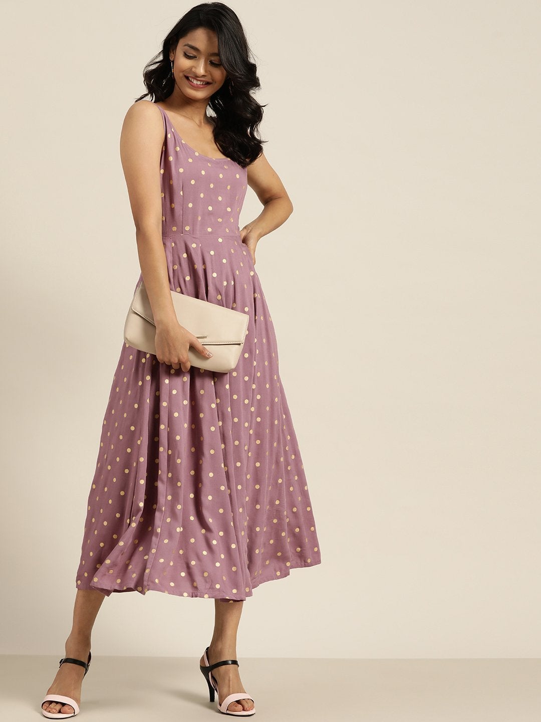 Women's Lavender Foil Print Sleeveless Anarkali Dress