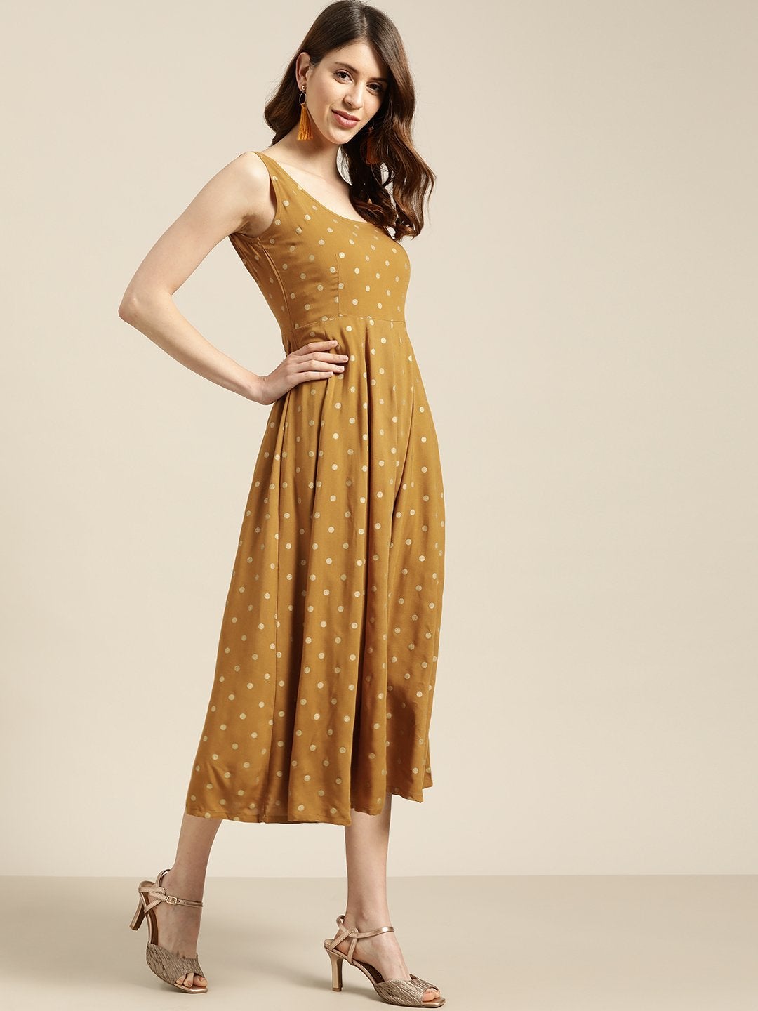 Women's Mustard Foil Print Sleeveless Anarkali Dress - SHAE