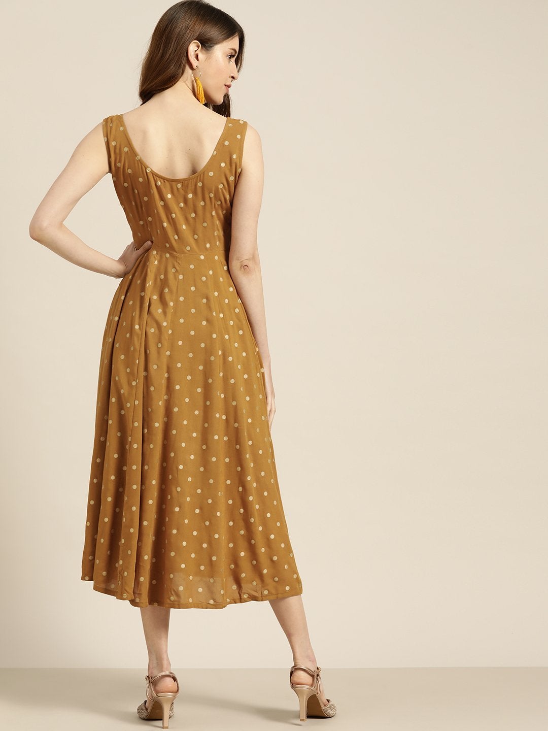 Women's Mustard Foil Print Sleeveless Anarkali Dress - SHAE