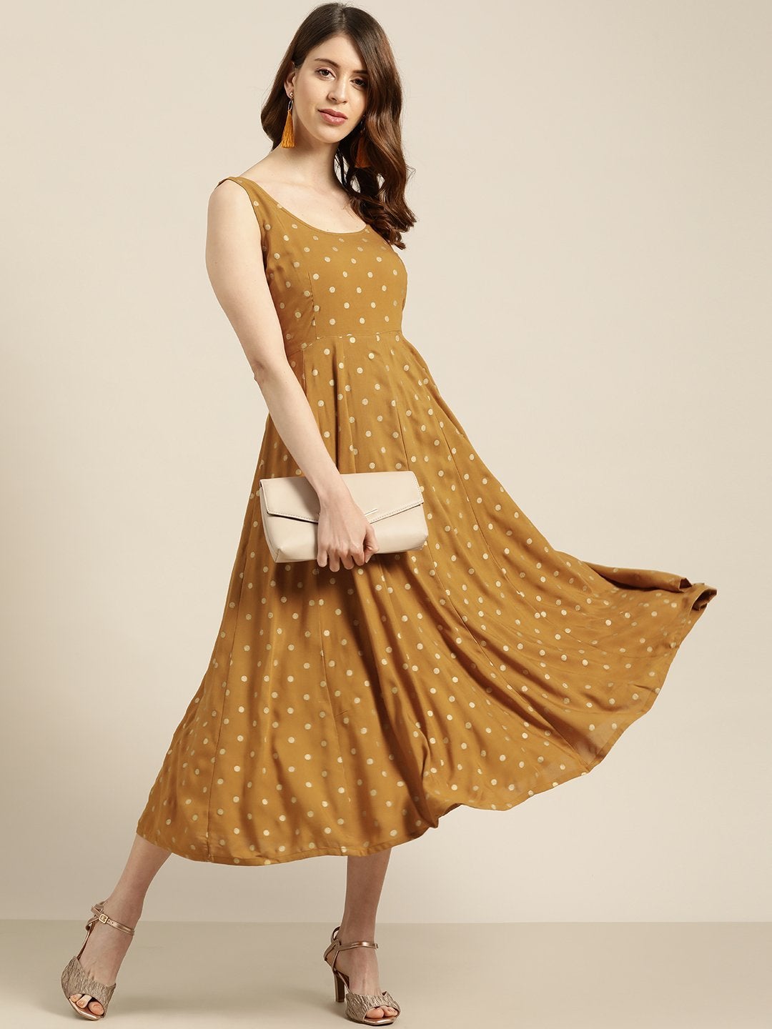 Women's Mustard Foil Print Sleeveless Anarkali Dress - SHAE