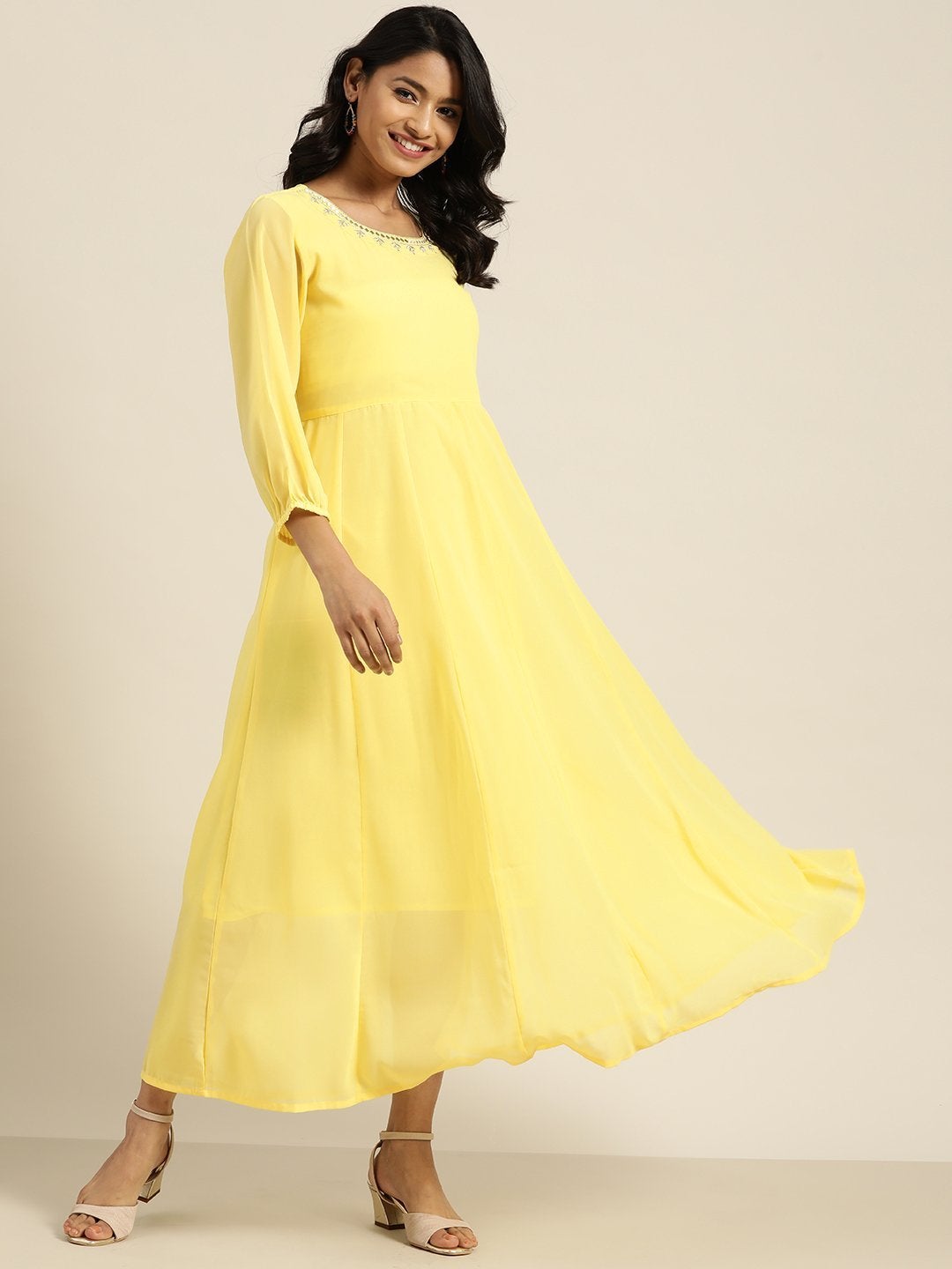Women's Yellow Neck Embroidery Anrakali Dress