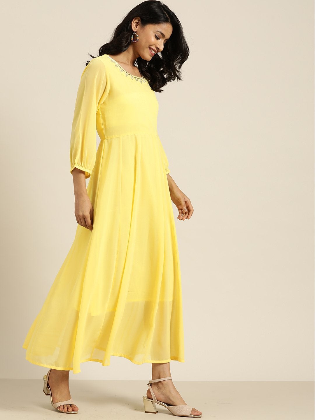 Women's Yellow Neck Embroidery Anrakali Dress