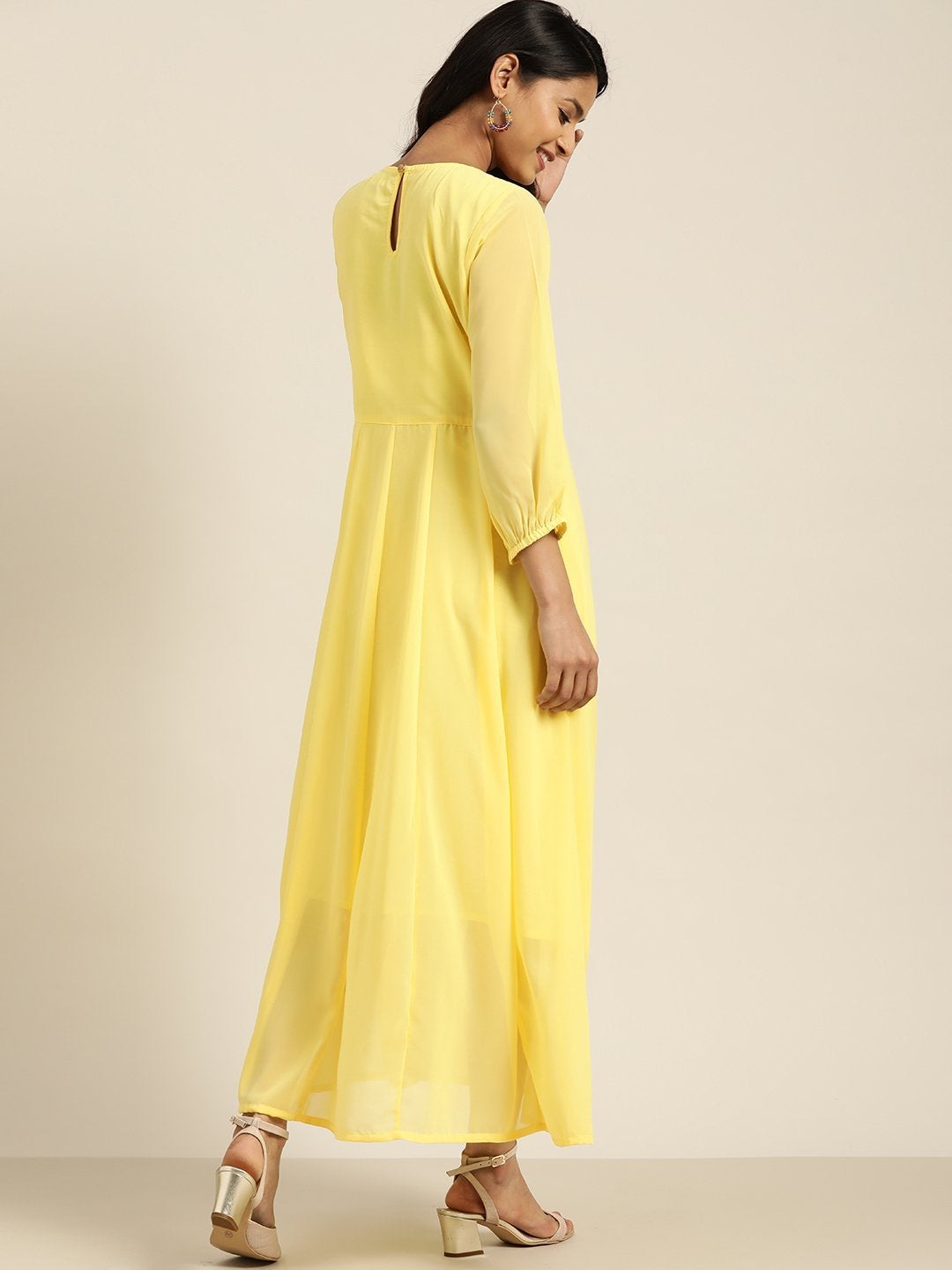 Women's Yellow Neck Embroidery Anrakali Dress