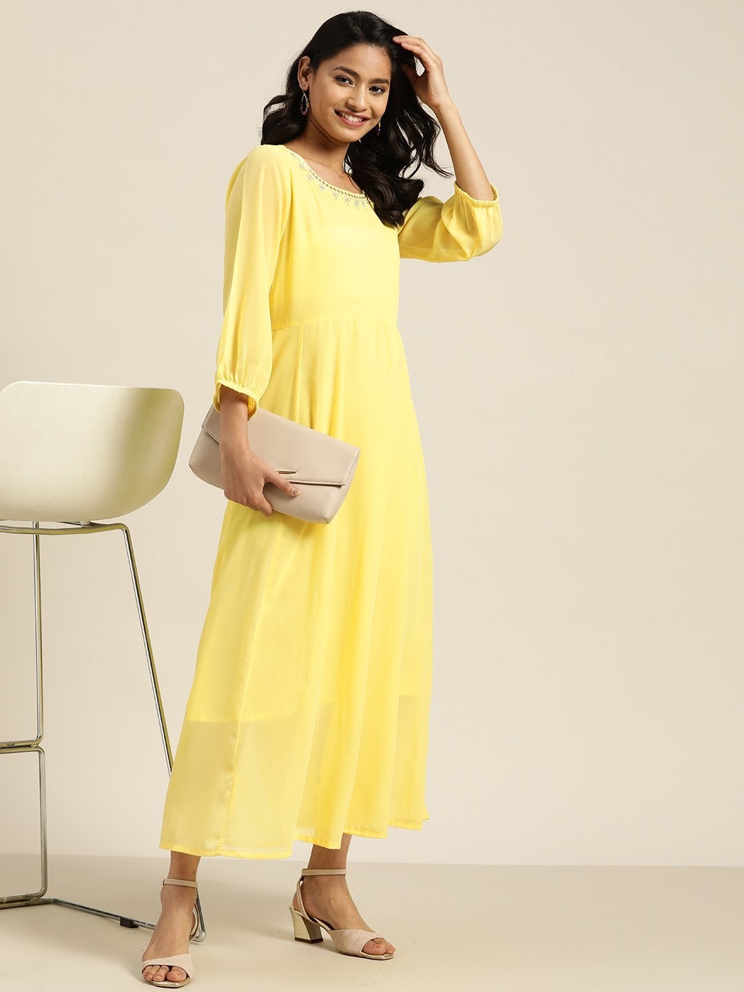 Women's Yellow Neck Embroidery Anrakali Dress