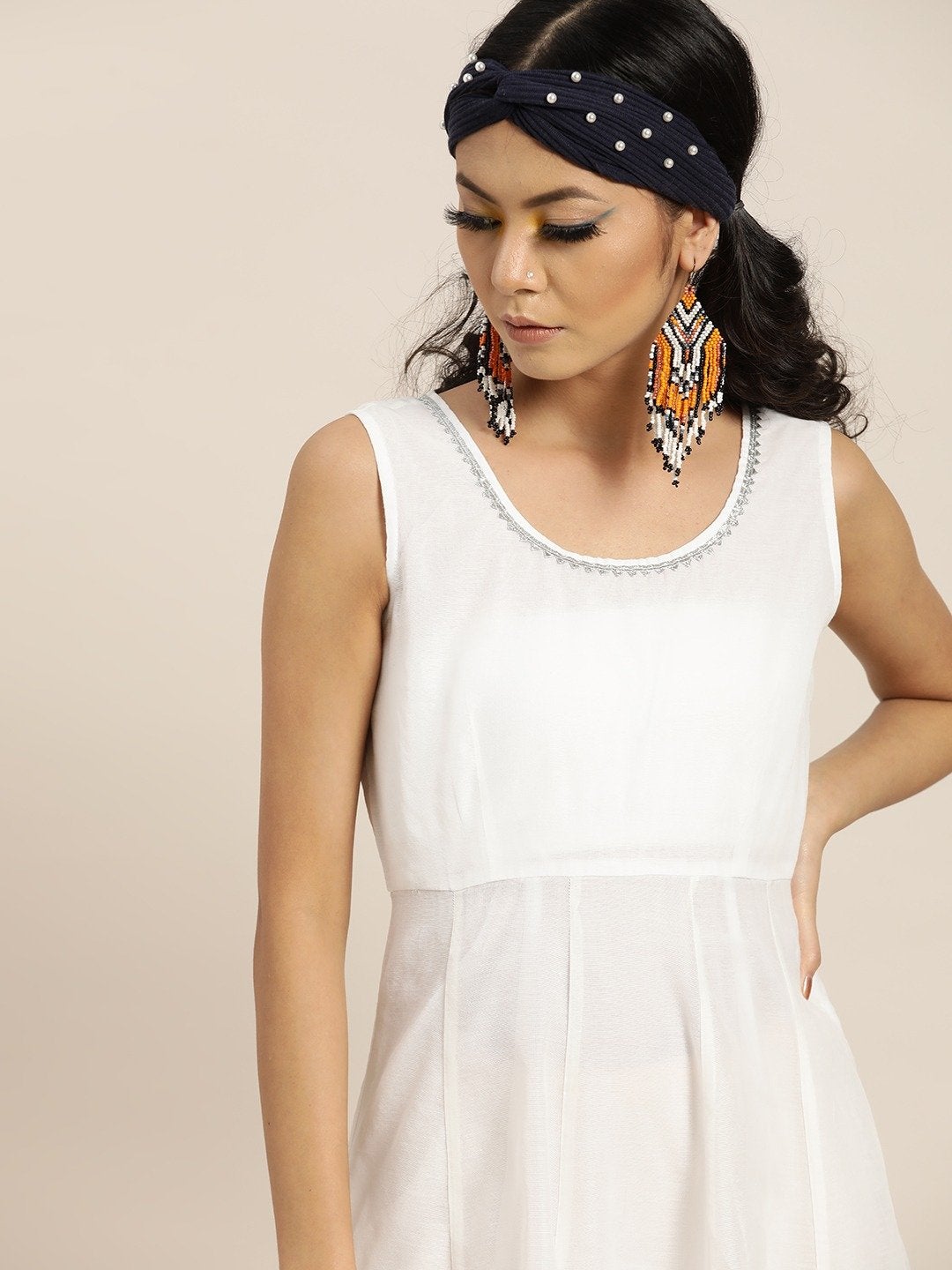 Women's White Gota Patti Sleeveless Anarkali Dress - SHAE